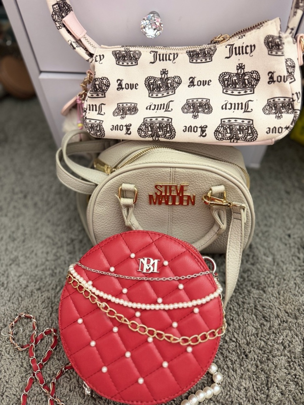 Steve Madden Cream Round Crossbody Bag with Red Quilted Pearl Mini